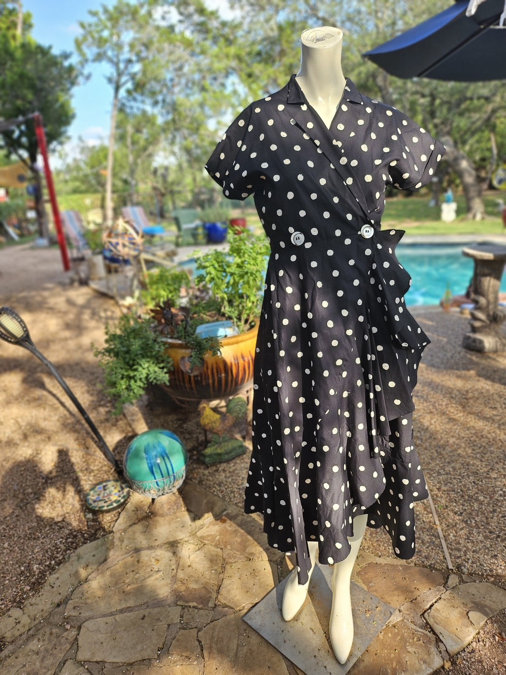 Lena Hoschek Black Polka Dot Wrap Midi Dress Shell Buttons- XS